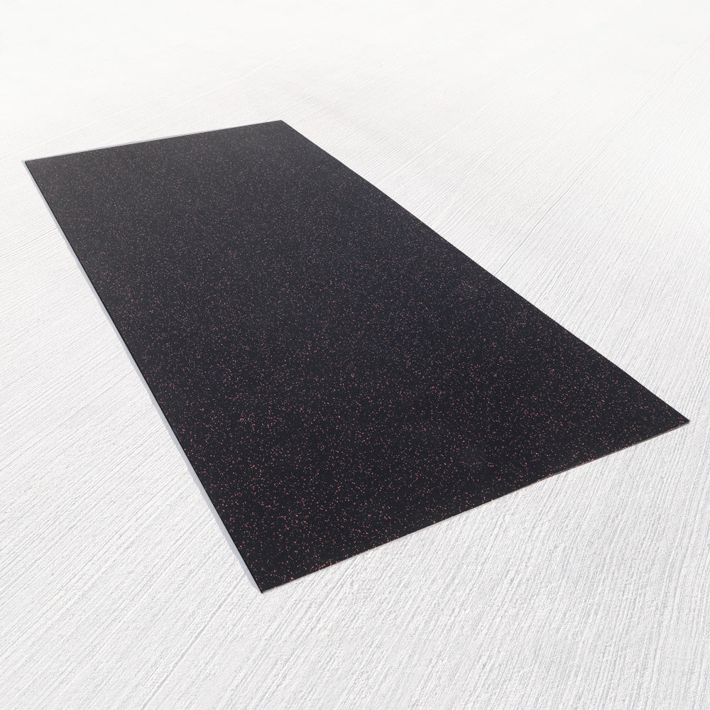 Shock-absorbent 3/8 inch rubber mat for a squat rack on top of a gray surface.
