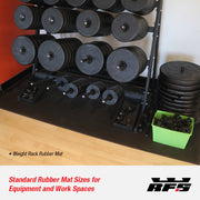 Stacked weight plates on a rack with a rubber mat under it in a gym setting.