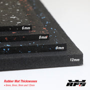 Rubber mat thicknesses labeled with measurements on a white background