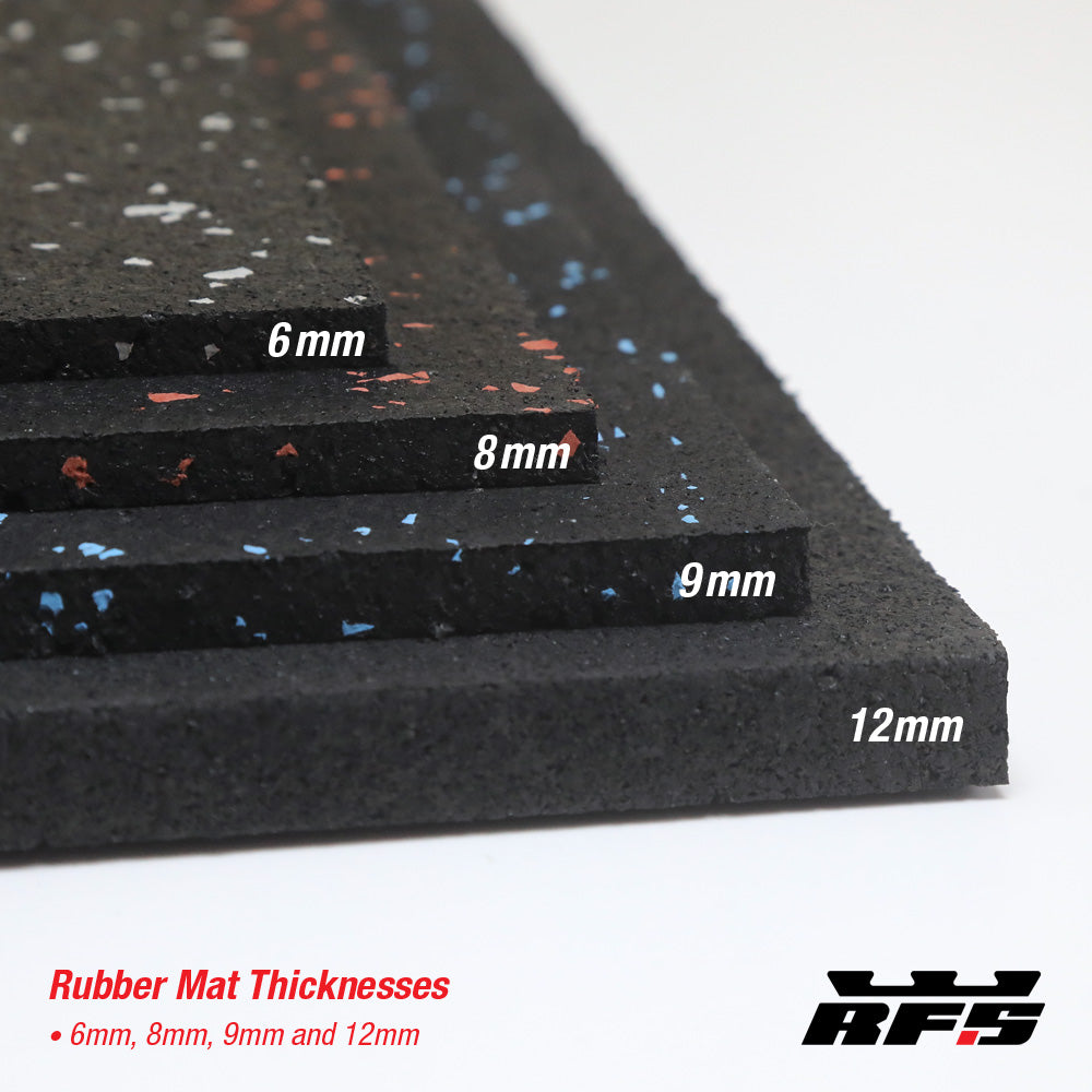 Rubber mat thicknesses labeled with measurements on a white background