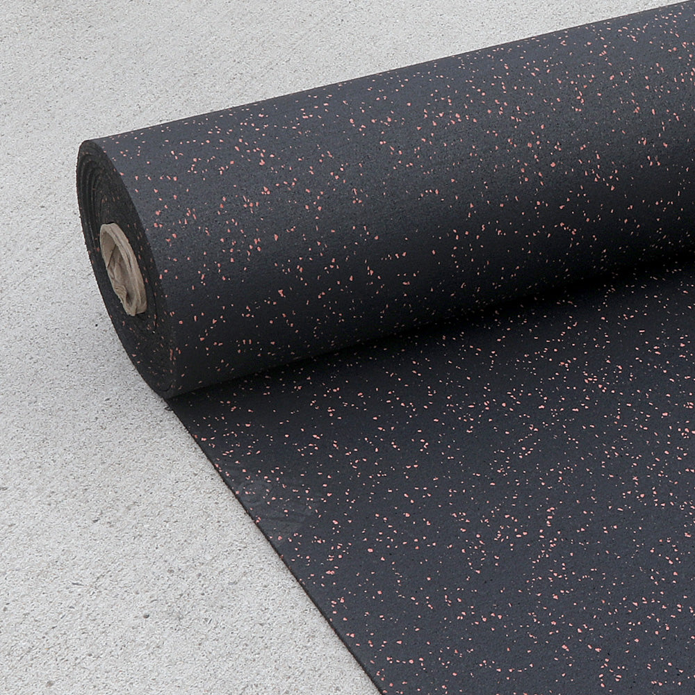 Terra Cotta fleck rubber gym roll laying on the concrete.