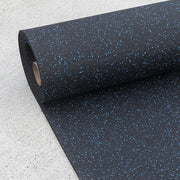 Blue fleck 8mm Rubber Gym Roll rolled out on concrete.