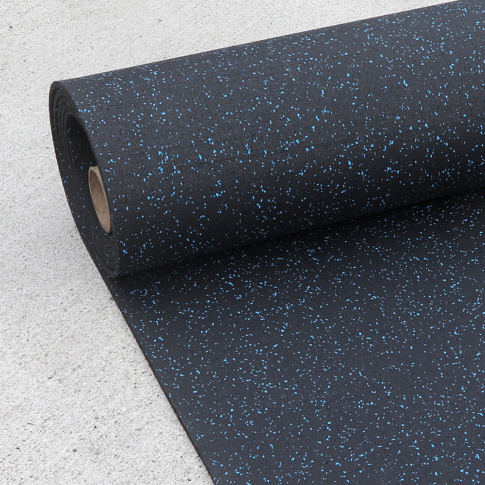 Blue fleck 8mm Rubber Gym Roll rolled out on concrete.