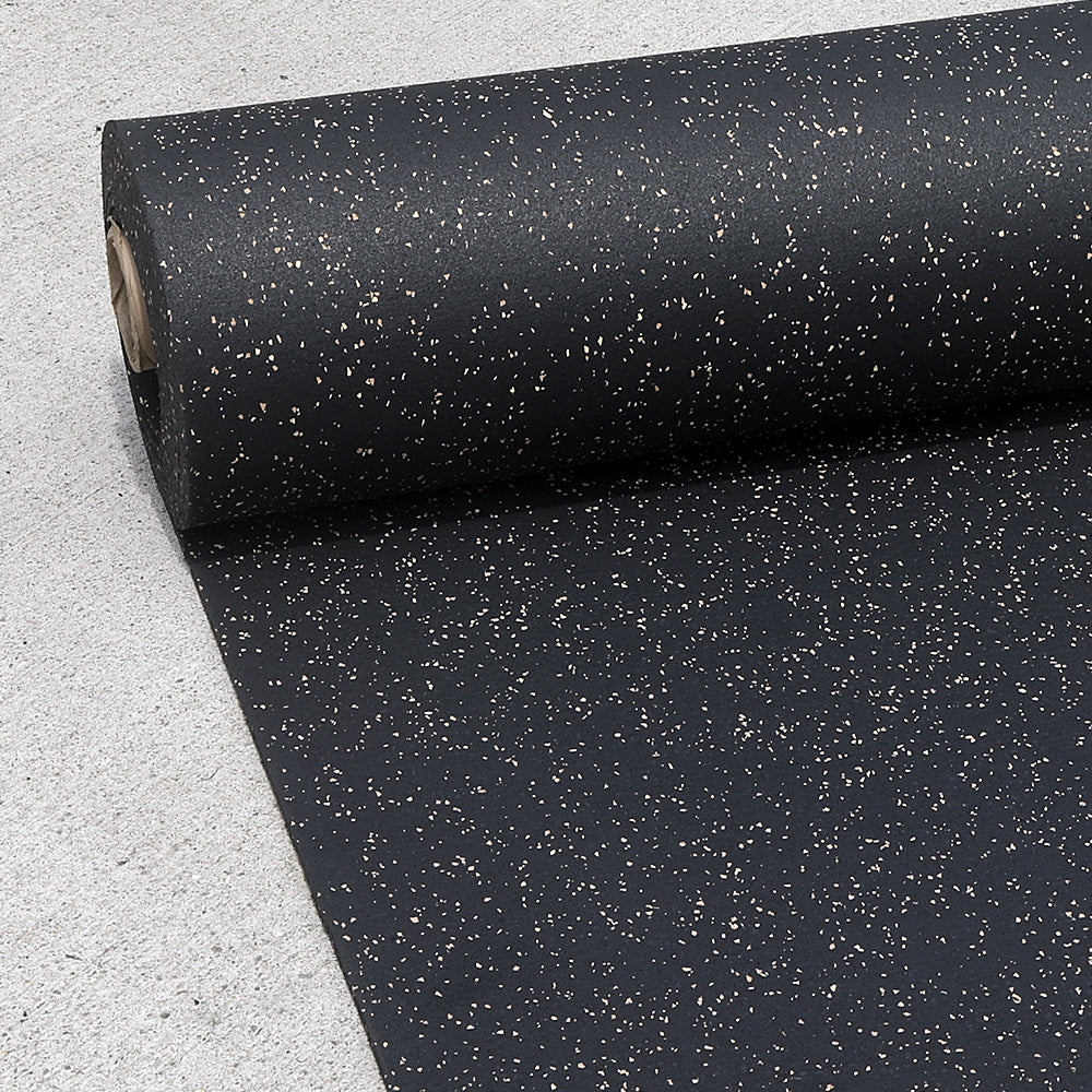 Eggshell/Cocoa fleck 8mm Rubber Gym Roll rolled out on concrete.