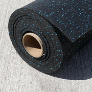 Blue fleck 8mm Rubber Gym Roll laying on concrete.