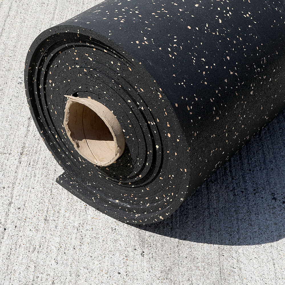 Eggshell/Cocoa fleck 8mm Rubber Roll laying on concrete.