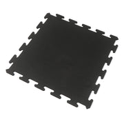 Black 3/8" interlocking rubber gym tile on a white background.