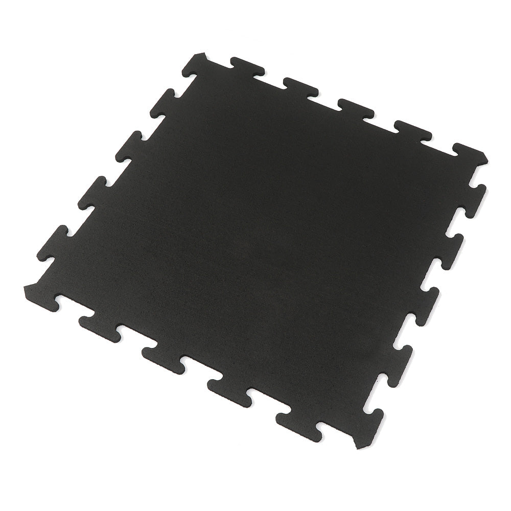Black 3/8" interlocking rubber gym tile on a white background.