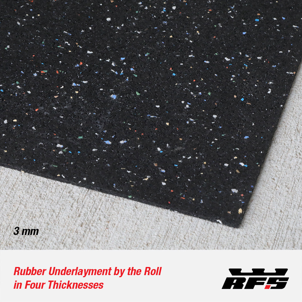 Close-up of 3mm rubber underlayment with speckles on a gray surface.