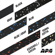Color swatches of black, gray, blue, blue/gray, terra cotta, and eggshell/cocoa with RFS logo.