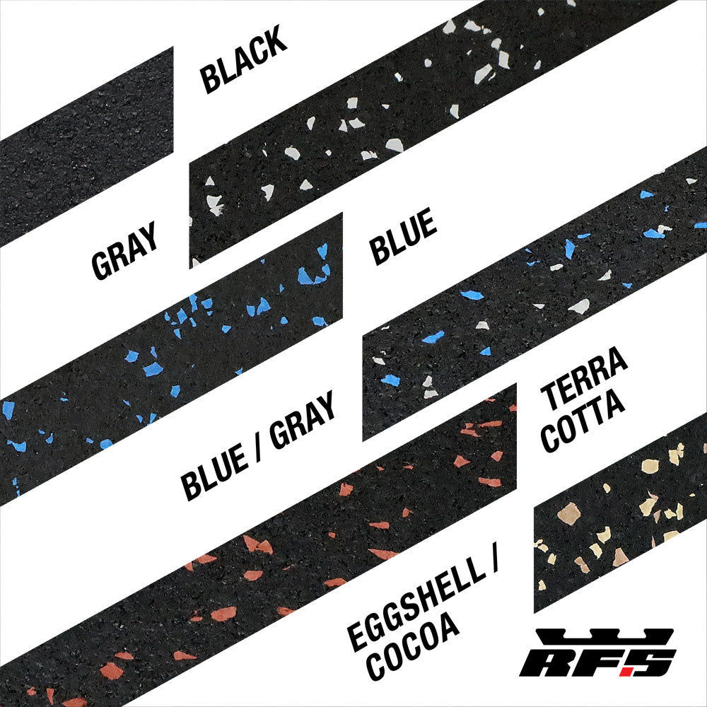 Color swatches of black, gray, blue, blue/gray, terra cotta, and eggshell/cocoa with RFS logo.