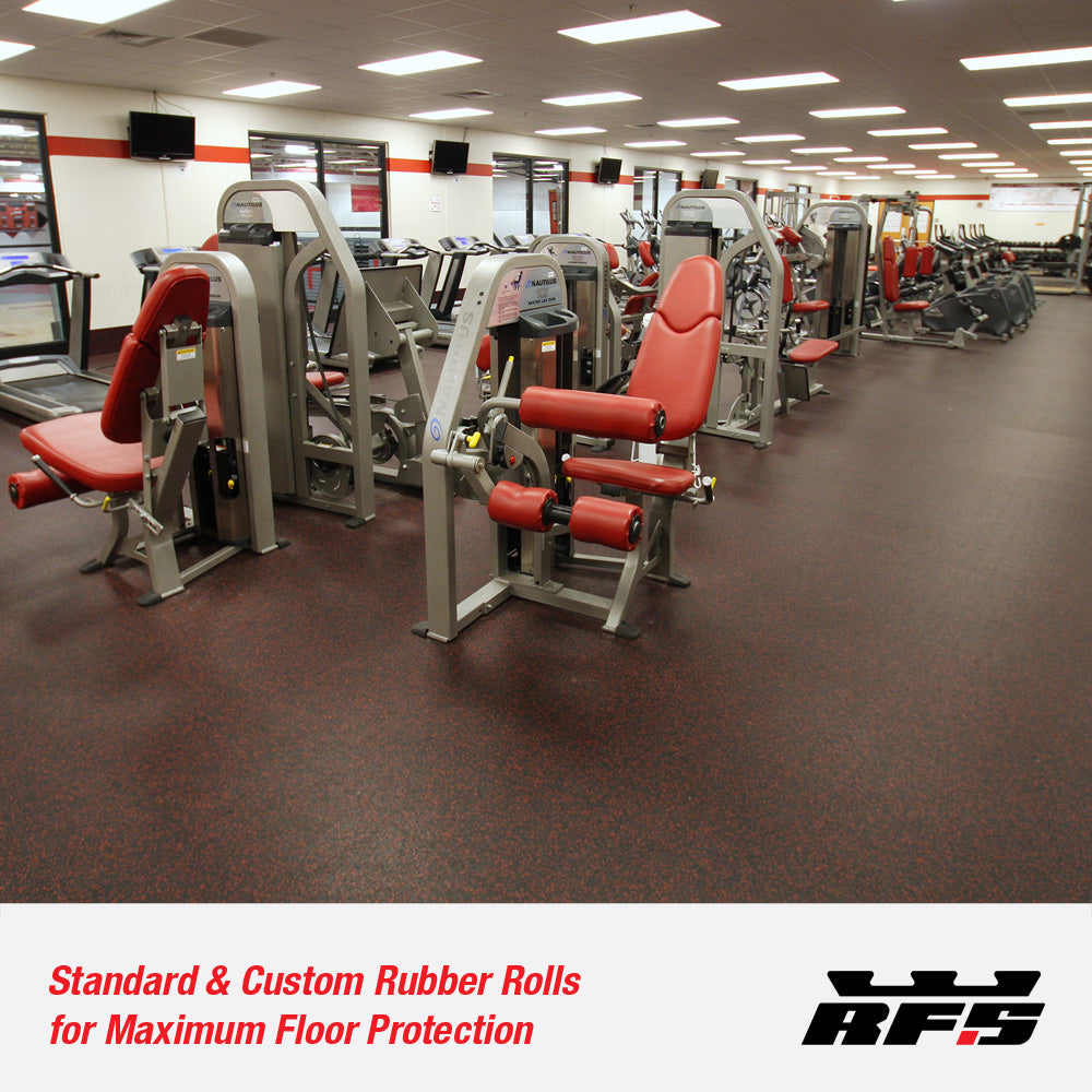 Gym interior with fitness equipment on top of a floor covered in Rubber Roll Gym flooring.