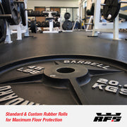 Barbell weight plate with on a gym floor made of 8mm Rubber Gym Rolls.