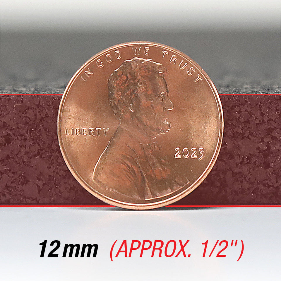 A penny on its side comparing it to the thickness of a 1/2" thick rubber floor.