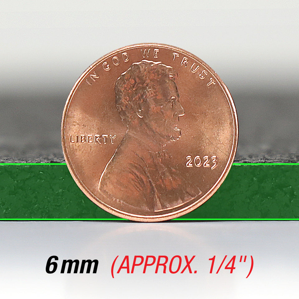 A penny on its side comparing it to the thickness of a 1/4" thick rubber floor.