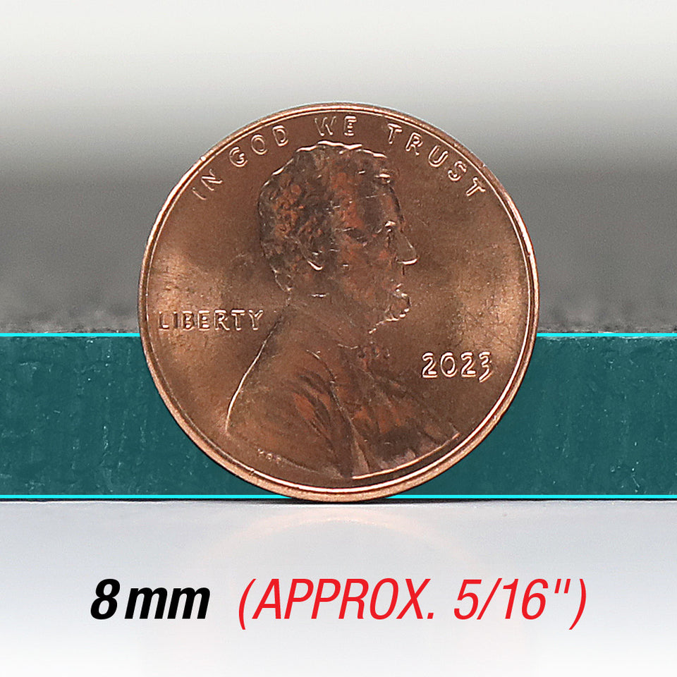 A penny on its side comparing it to the thickness of a 8mm thick rubber floor.