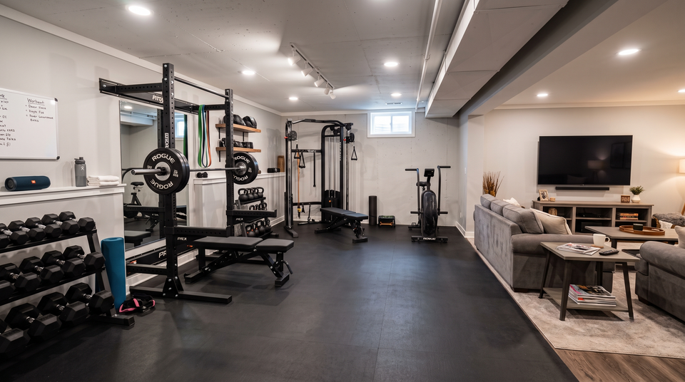 Black rubber basement flooring rolls installed in a DIY home gym