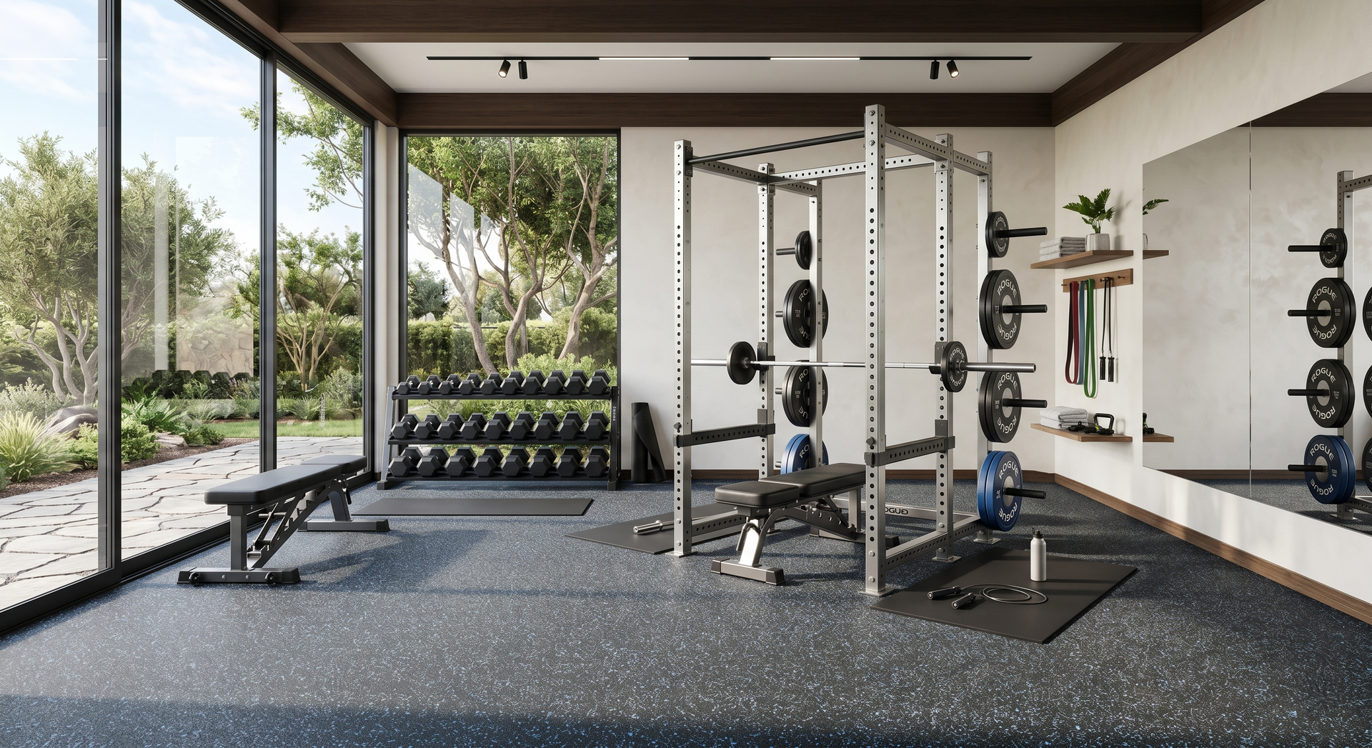 Aspirational, wide-angle shot of a finished Modern/Clean gym featuring blue and grey flecked flooring.