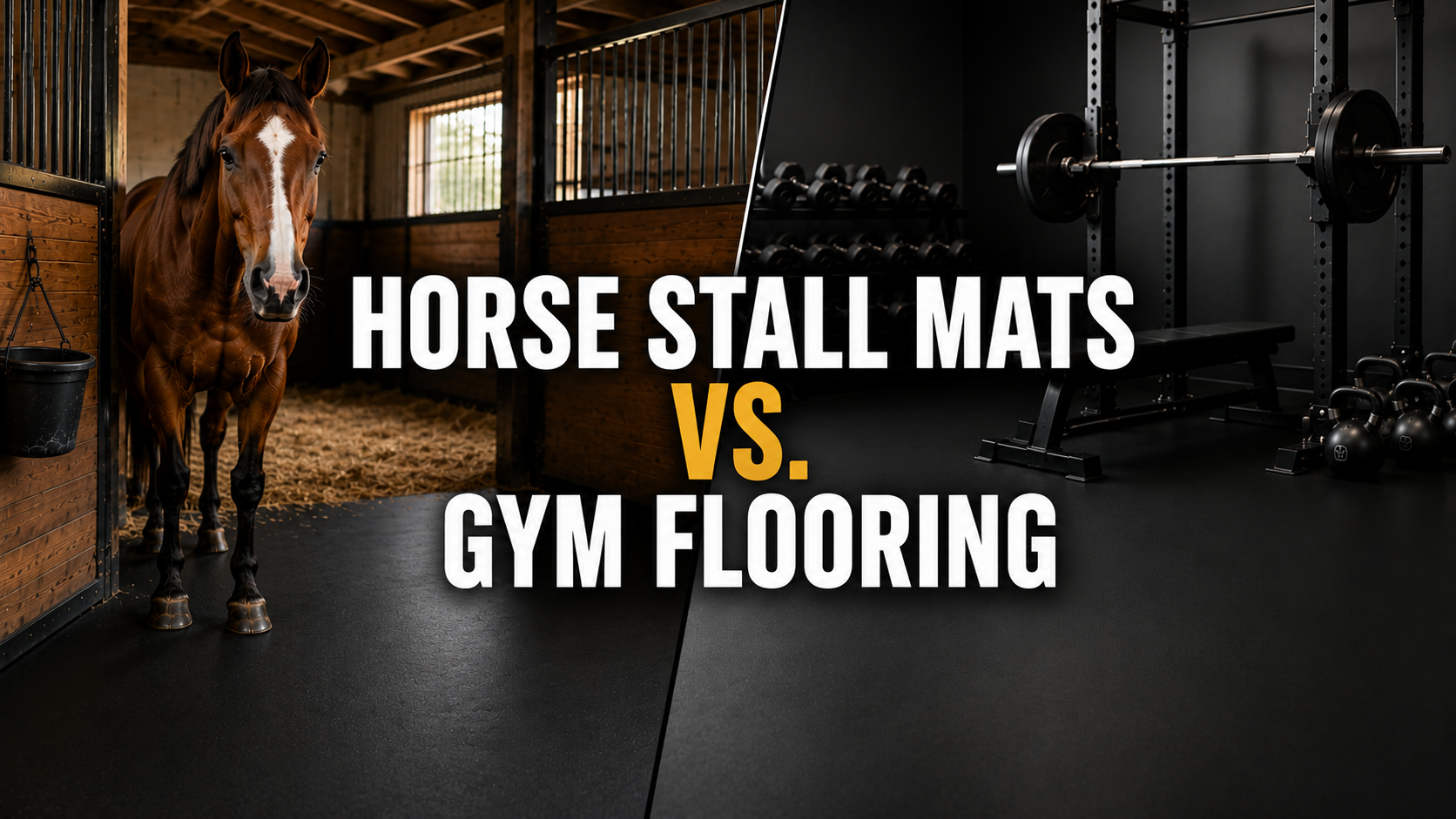 Split screen comparison of thick horse stall mats vs. professional rubber gym rolls for home gym flooring.
