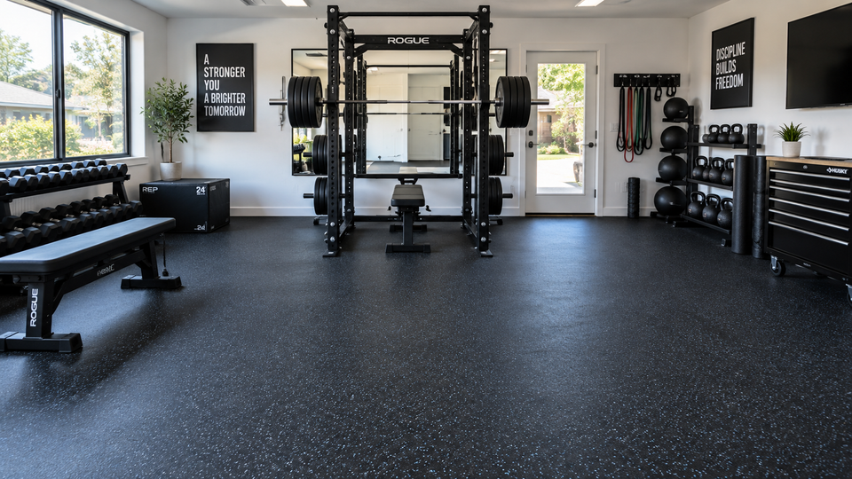Rubber gym flooring rolls installed under a power rack in a garage gym