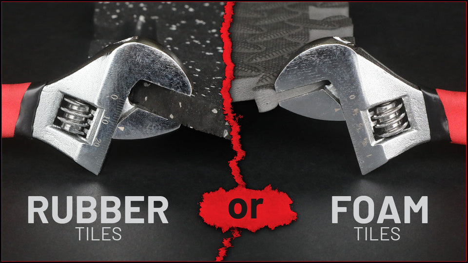 Heavy-duty wrench testing the density of a high-quality rubber home gym flooring tile next to a standard EVA foam tile to compare durability for DIY gyms.