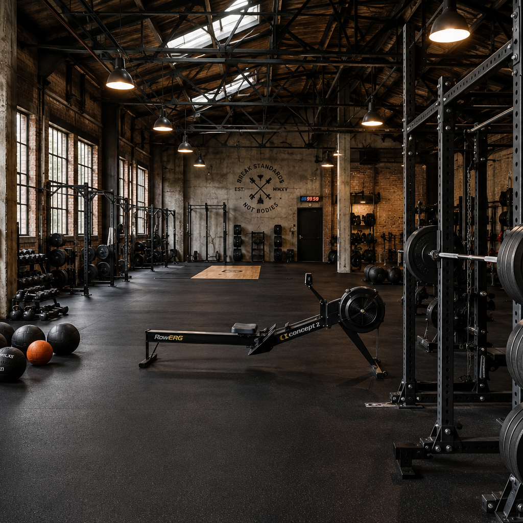 A spacious, industrial-style gym interior featuring professional fitness equipment including power racks with barbells and bumper plates, a rowing machine, and a variety of kettlebells and medicine balls on a black rubber floor.