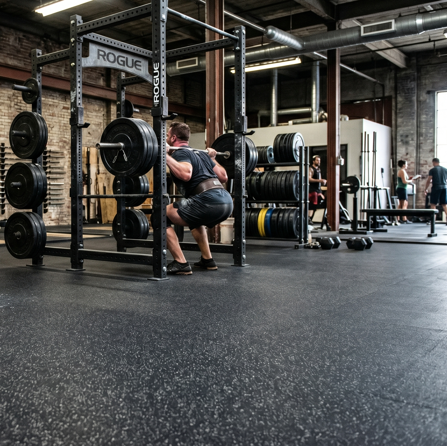 An indoor gym with industrial-style brick walls and black rubber flooring. In the center, a person is performing a back squat inside a black power rack loaded with several weight plates. The gym is well-equipped with multiple weight plate storage trees, flat benches, and other athletes training in the background near a large window.