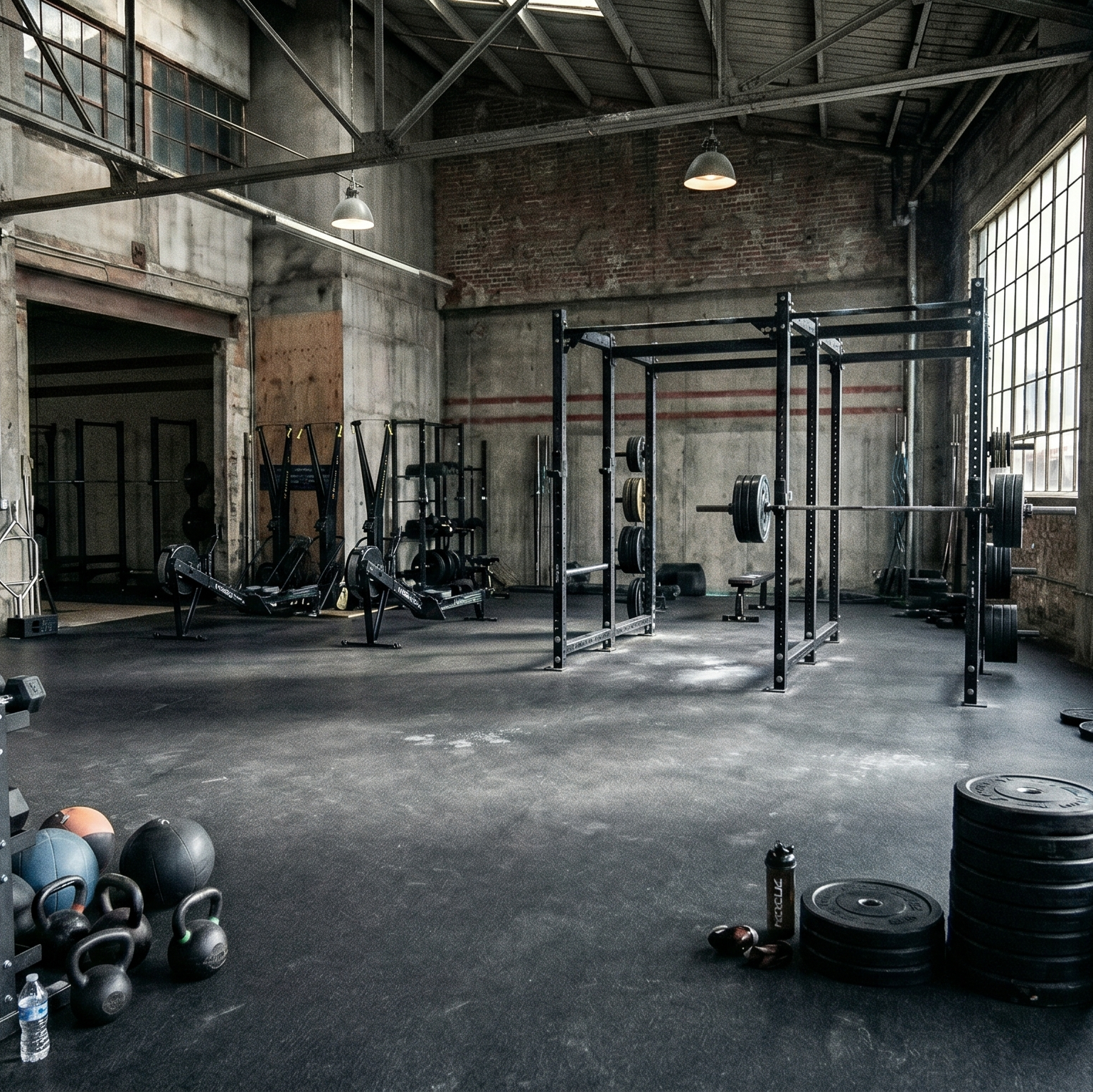 This image shows an industrial-style gym featuring a variety of strength and conditioning equipment. The setting is a large open space with high ceilings, exposed brick walls, concrete pillars, and black rubber flooring.