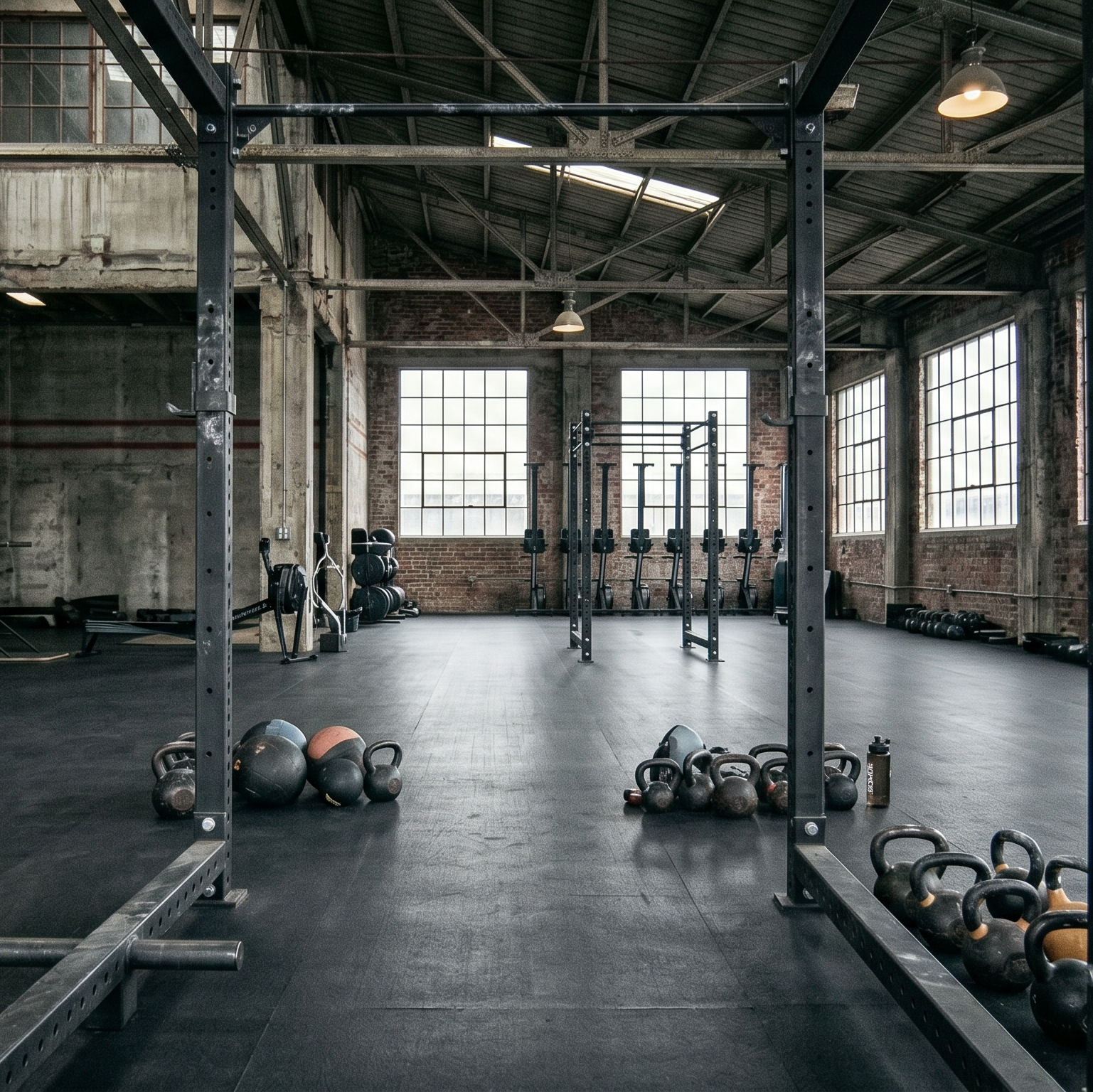 The image shows an industrial-style gym or fitness facility with high ceilings, exposed brick, and large windows. A prominent squat rack or power cage stands in the foreground. Various pieces of equipment are scattered across the black rubber flooring, including kettlebells of different sizes, medicine balls, and what appear to be rowing machines in the background.