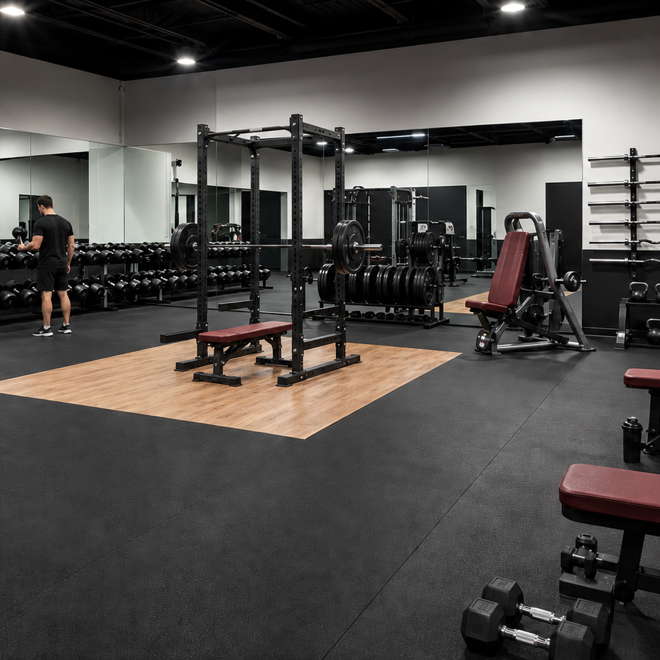 A spacious, modern gym interior featuring black rubber flooring with a wood-grain lifting platform in the center. The facility is equipped with a power rack and barbell, multiple weight benches with dark red padding, and several racks of dumbbells and kettlebells along the walls.