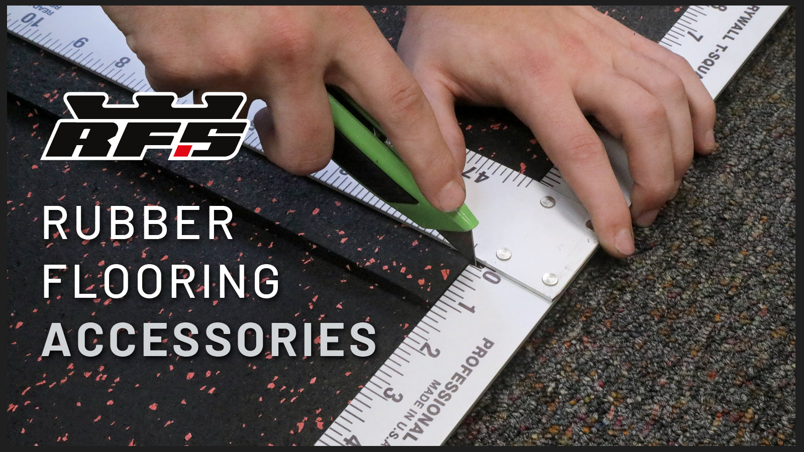 A person using a T Square to cut rubber flooring.