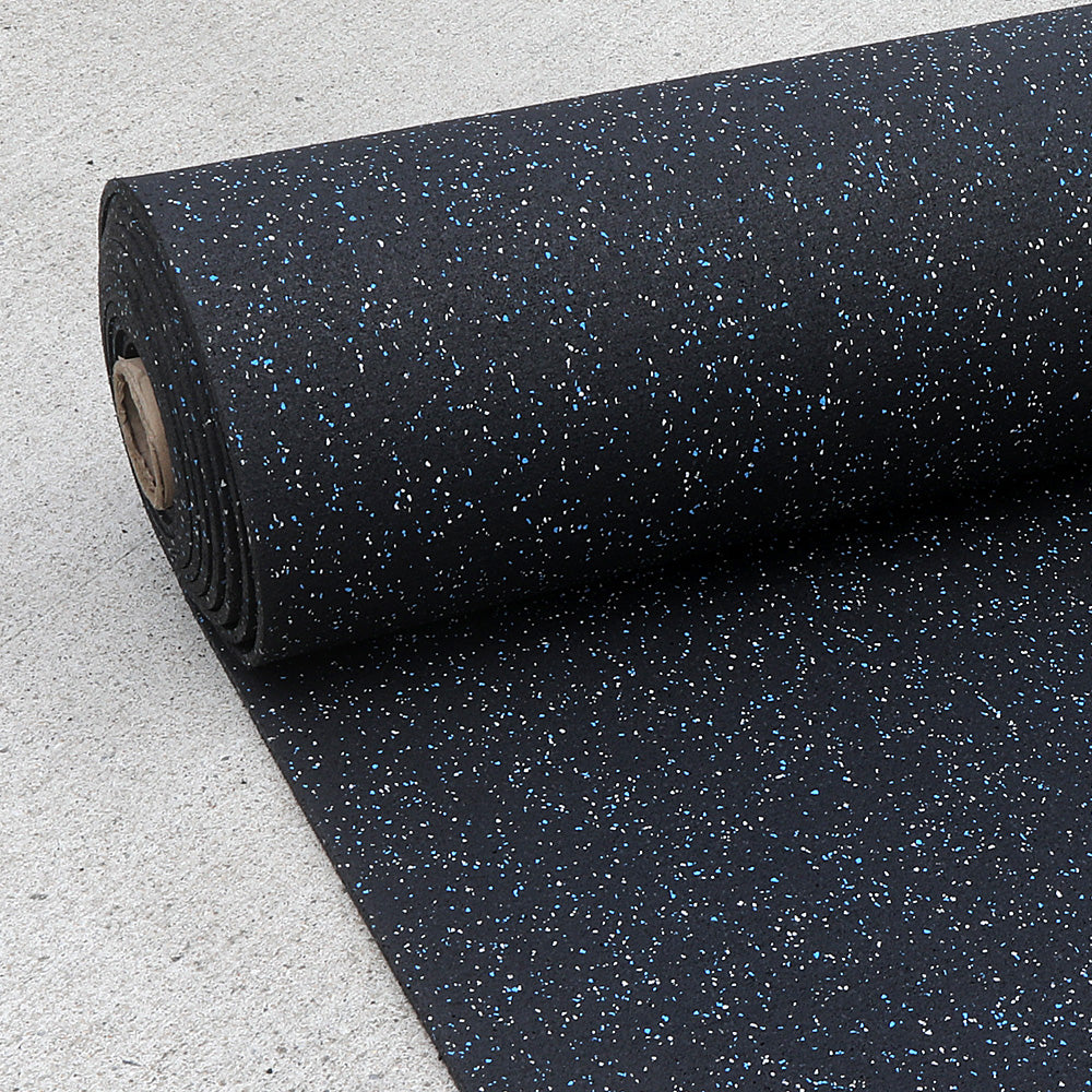 Blue/Gray fleck rubber roll gym flooring rolled out on the concreate.