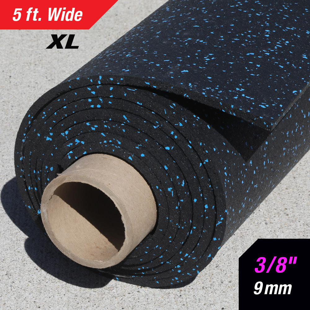 3/8 inch (9mm) XL rubber gym roll end view showing 5 foot wide heavy-duty rubber flooring
