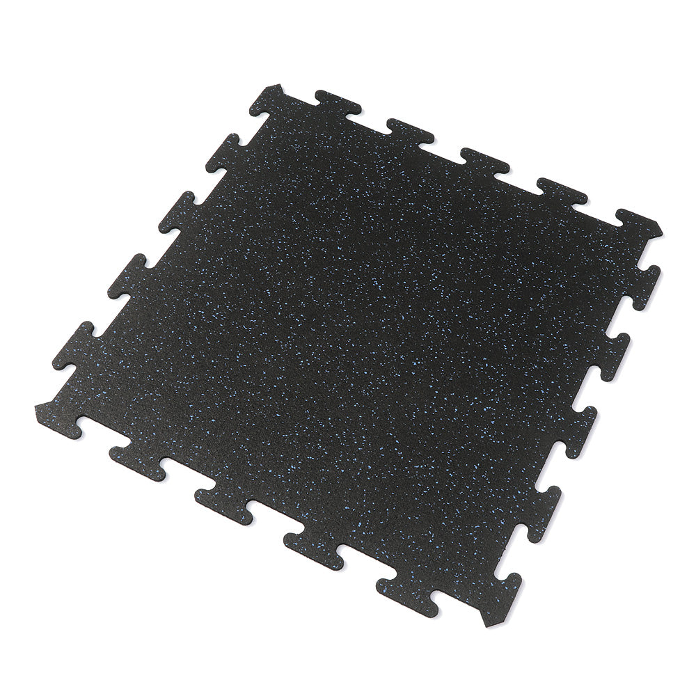 Blue fleck rubber gym tile over a white background. 