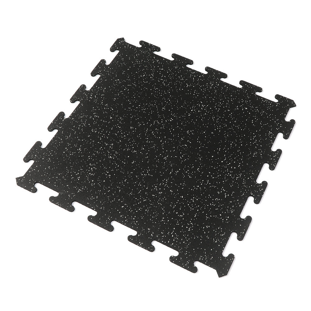 Gray fleck rubber gym tile over a white background. 