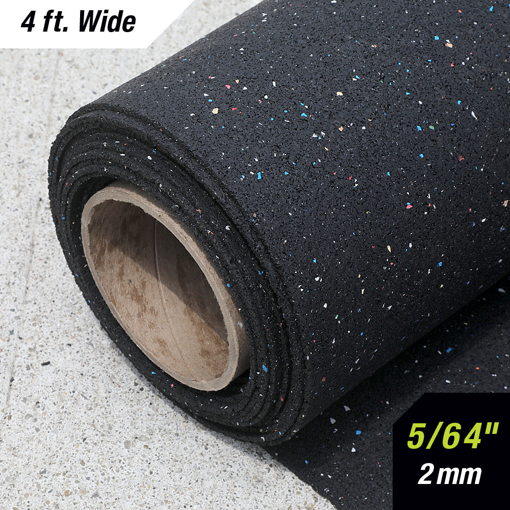 2mm rubber underlayment roll end view showing thin profile confetti color