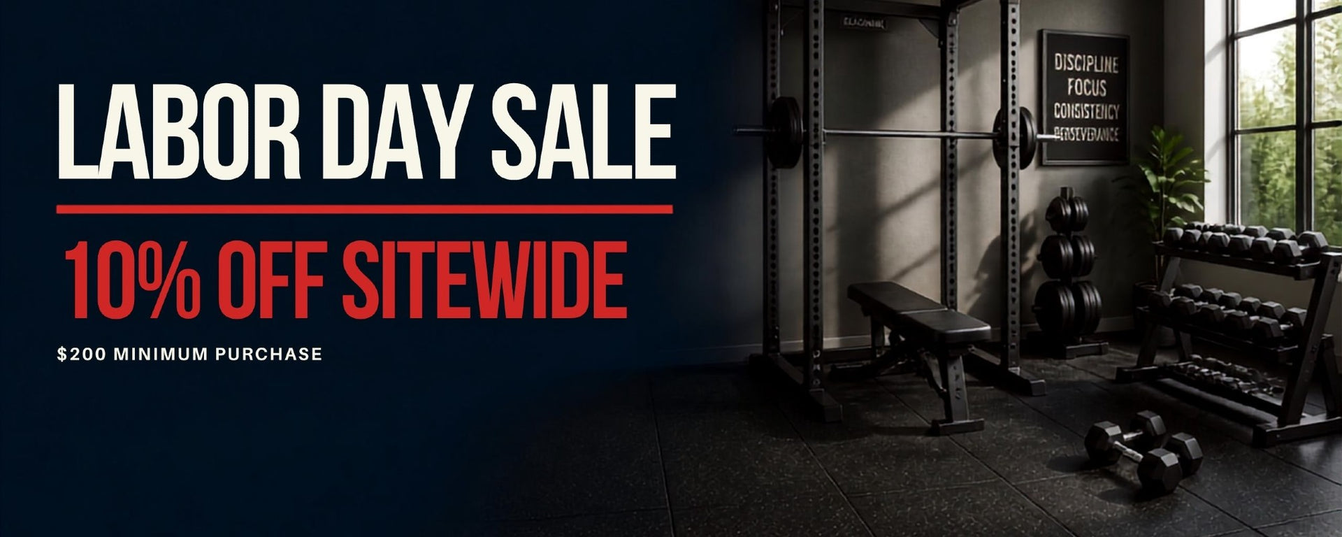 Labor Day Sale promotional banner for a gym equipment store, featuring large white and red text reading 'LABOR DAY SALE' and '10% OFF SITEWIDE' over a dark gym interior with weight racks, a bench, dumbbells, and a window.
