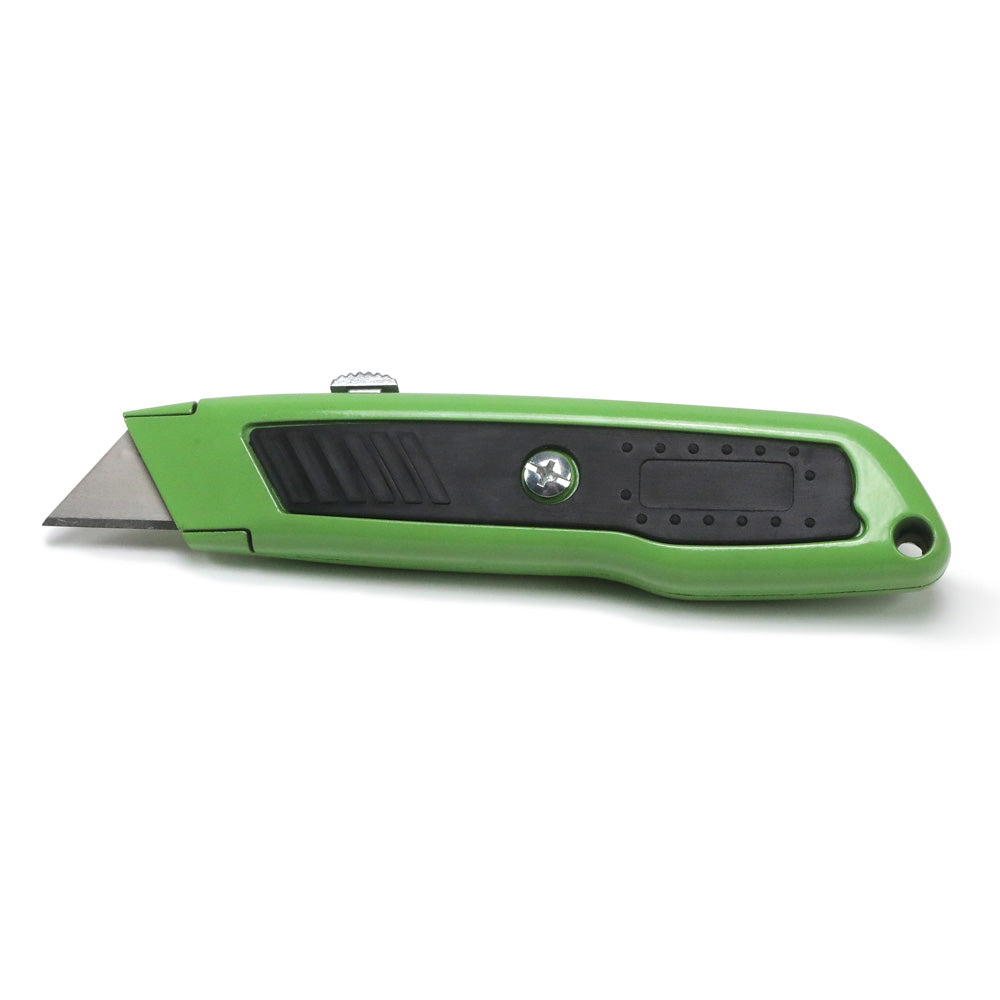 Green utility knife on a white background.